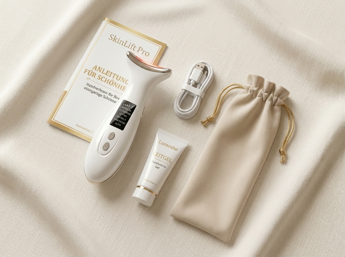 SkinLift Pro Lieferumfang – Gerät, USB-C Kabel, Leitgel, Tasche, Anleitung und SkinLift Pro Verpackung